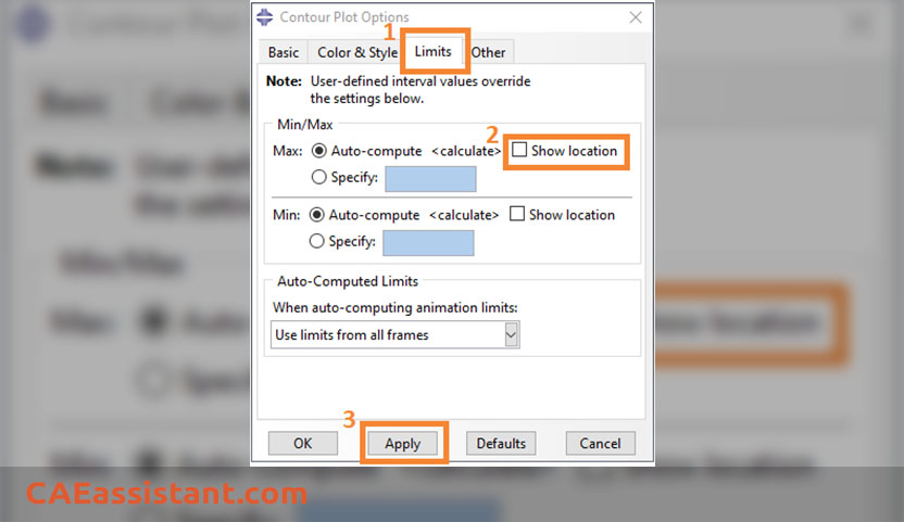 How to select contour plot options to show min/max location 