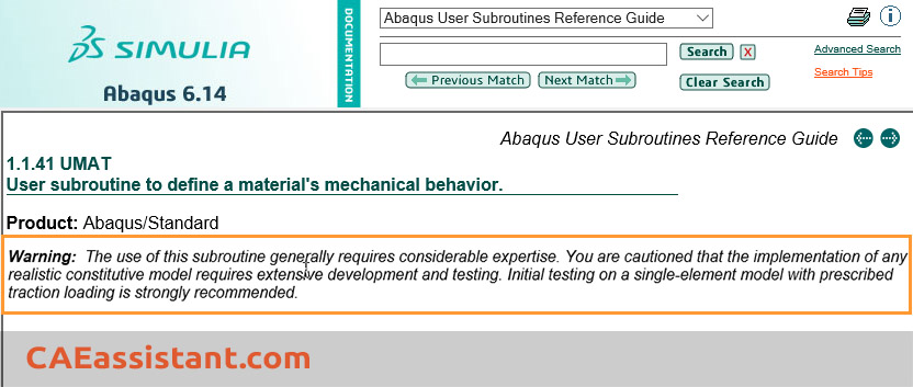 UMAT Warning in Documentation | Abaqus subroutine example