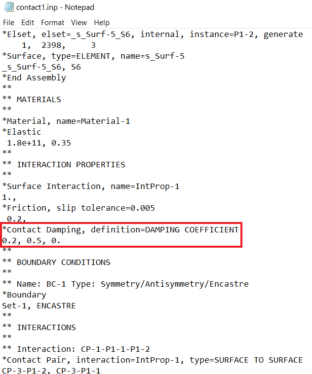 Figure 2: Contact damping through the input file, the damping coefficients depend on the problem