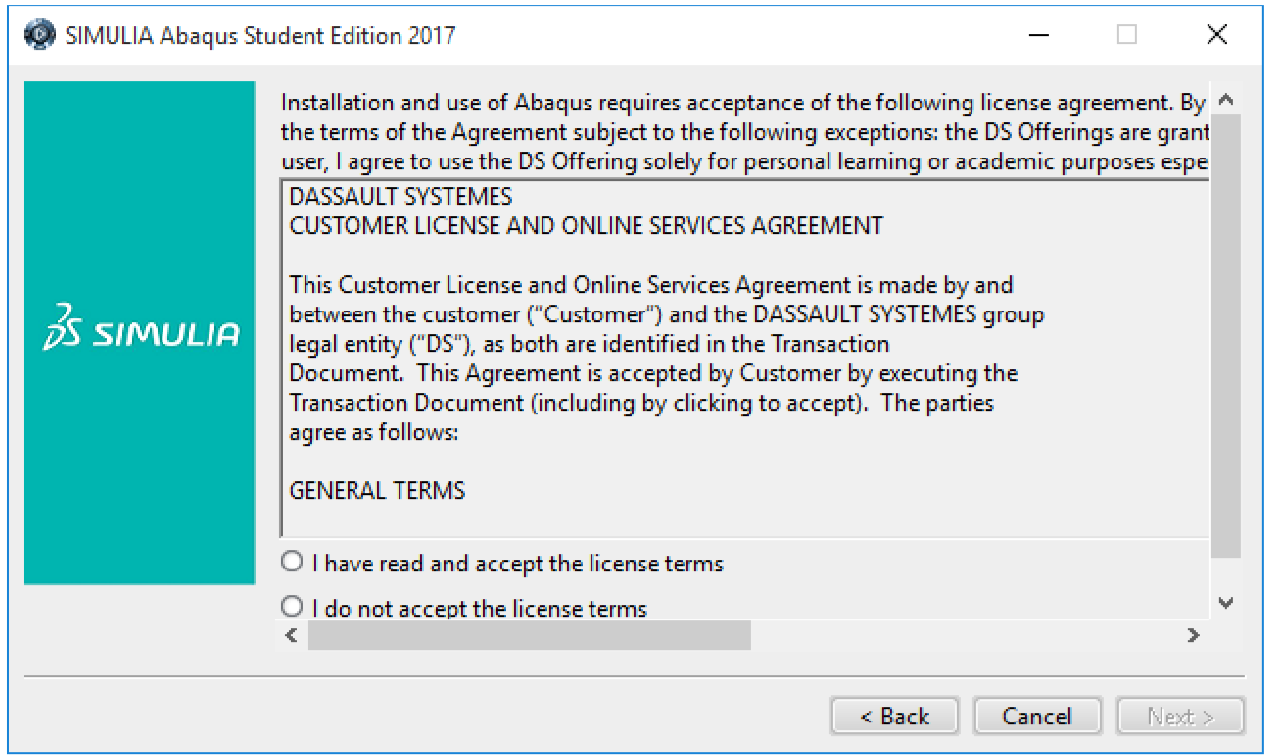 installing Abaqus SE (accept the terms of the license agreement)