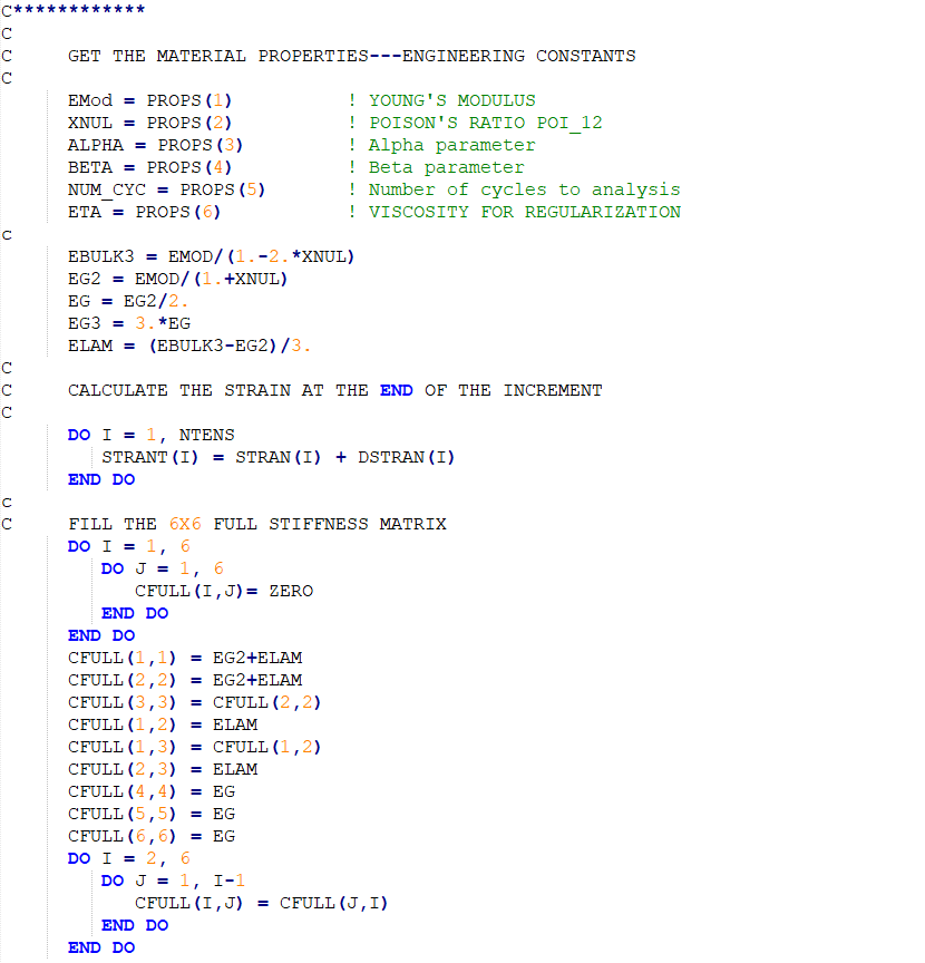 Calculating stiffness matrix in UMAT subroutine using two loops