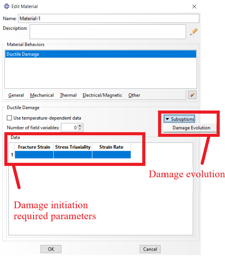 Damage initiation parameters and damage evolution option