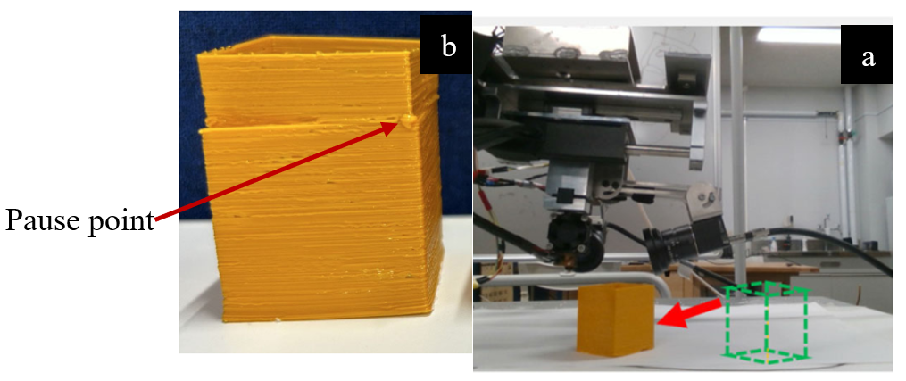 (a)moving printer piece (b) restart after pausing the printer