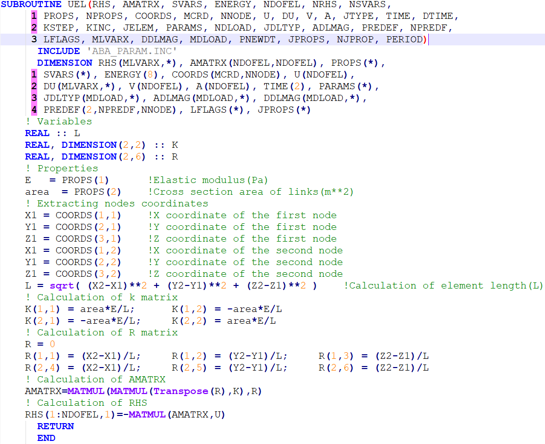 UEL subroutine for truss example