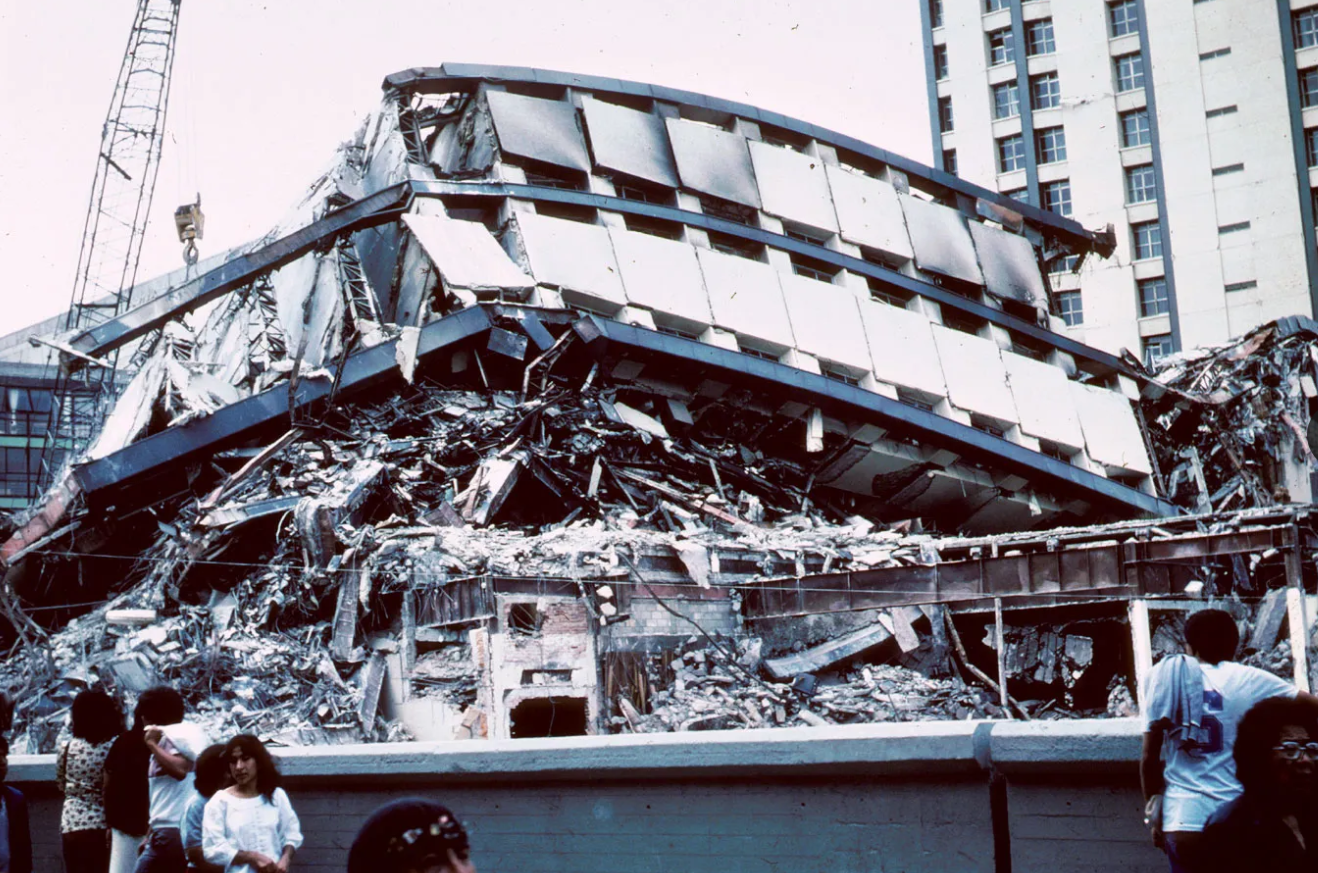 An apartment building destroyed by Mexico City earthquake in 1985