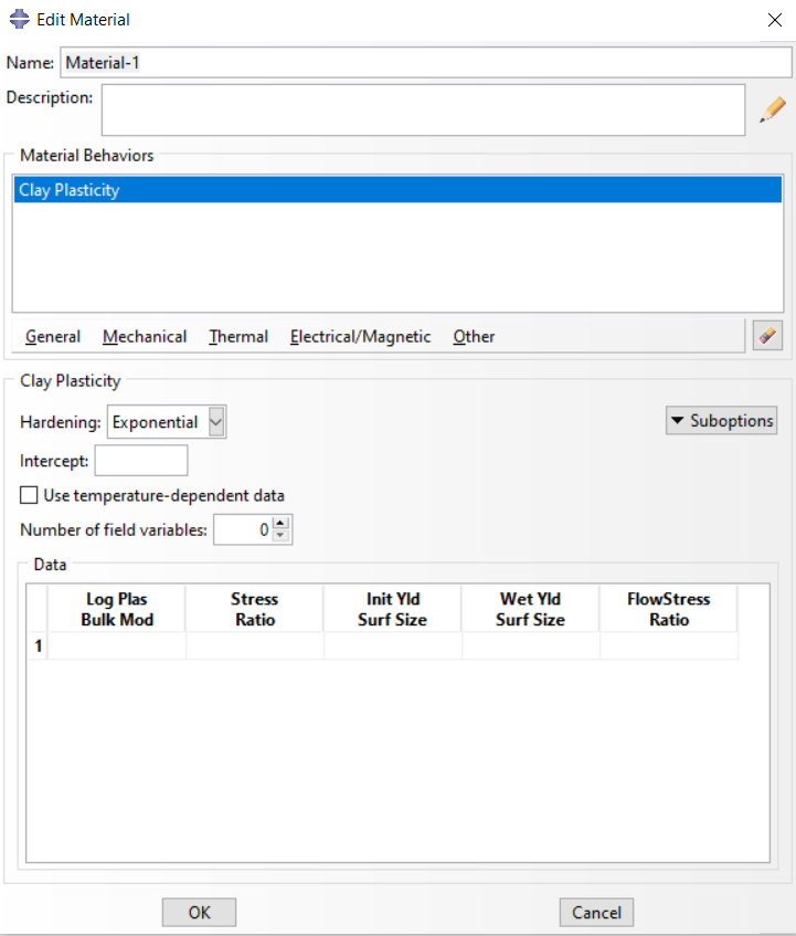 Clay Plasticity model sub-menu in Abaqus property module