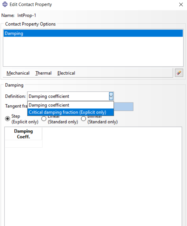 Damping coefficient and Critical damping fraction options