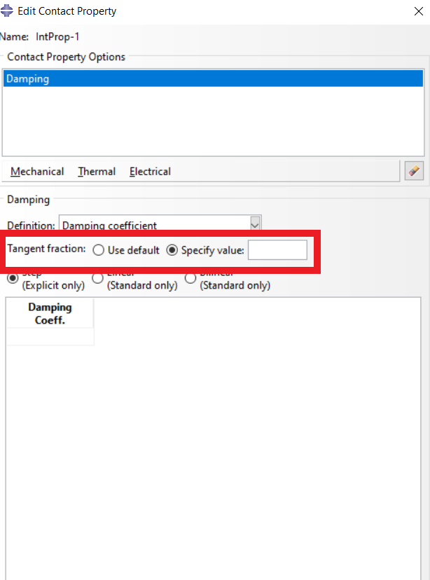 defining tangential damping in the interaction module