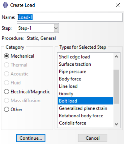selecting “Bolt load” type in load module
